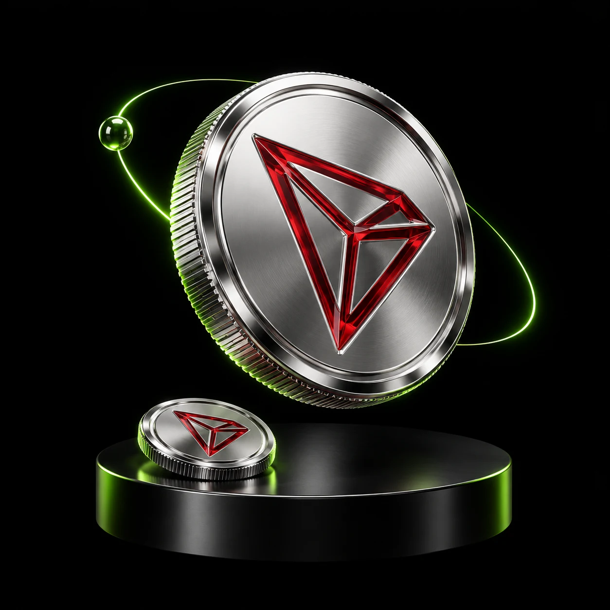 黑色展台上悬浮的银色 TRX 金属硬币与绿色环形光带